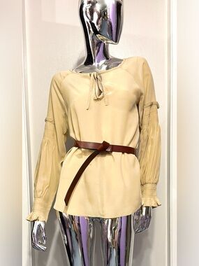 Sea New York Tan Long-Sleeve BOHO arm Tie-Neck Blouse - pleated arm detail